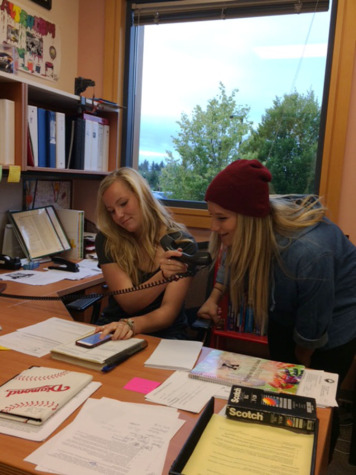 Hannah and Jeni are doing the morning announcements in Mr. Heinz’s office on Monday, Sept. 22nd 2014.