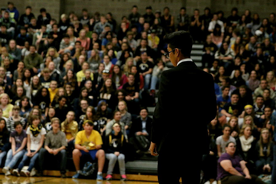 Aaron Paloalto, Junior, leading the Homecoming Week assembly on Friday, October 10, 2014. 