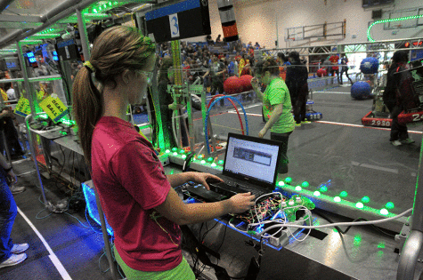 Senior Breena Sarver drives the robot at the Girls’ Competition on Saturday Oct. 18th.