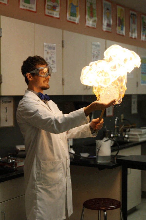 Mr. Berg shows his AP Chemistry class the beauty of science with methane bubbles. Senior Glen Gamboa says, “Berg lit my binder on fire”.