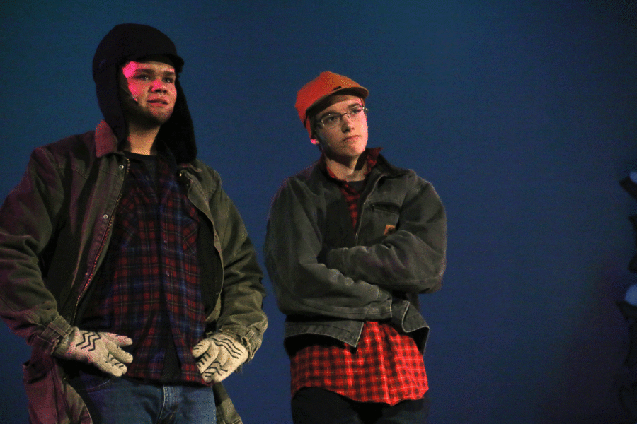 Jacy Leavitt (12) and Cody Linder (12) rehearse a scene from the fall play Almost, Maine.