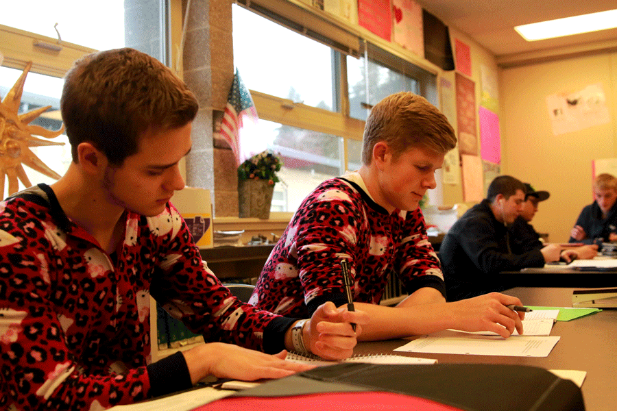 Seniors Eric Weaver and Ryan Jaromin wear matching  pajamas on December 15th in participation of the winter spirit week. 