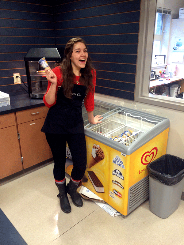 Hannah Michaels ’17 poses with a new ice cream treat featured in the AHS DECA store. Ice cream is now available ranging from $1-$2.