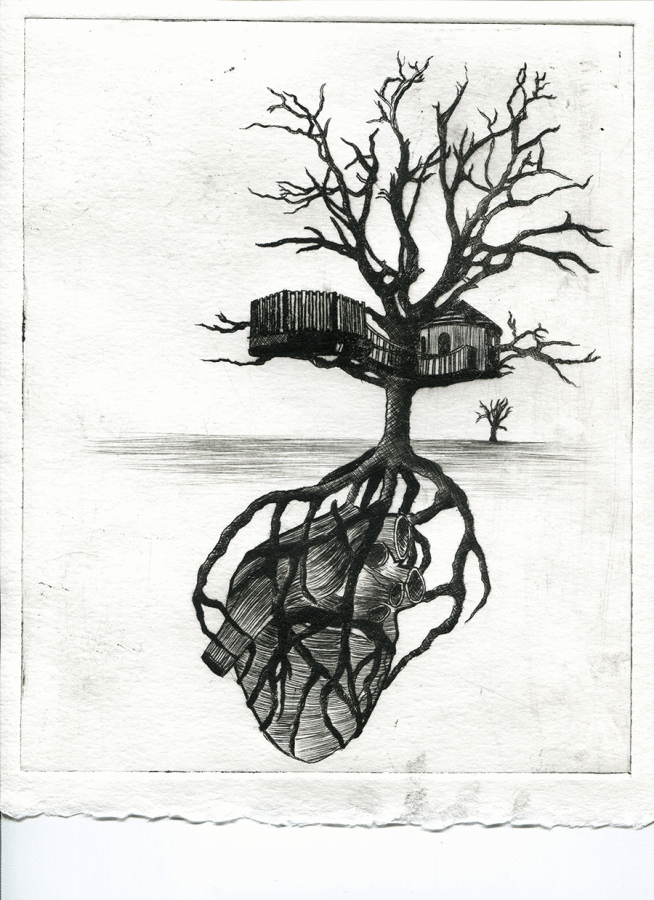Mrs. Palmiter made this etching on a plastic board and then put it through a printing press. It is inspired by the idiom ‘home is where the heart is’. 