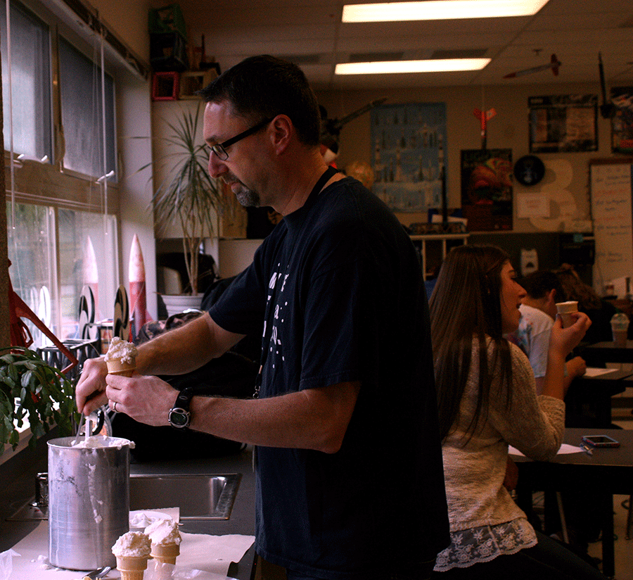 On Friday March 27,Mr. Davis prepares the soft serves for his physics students.