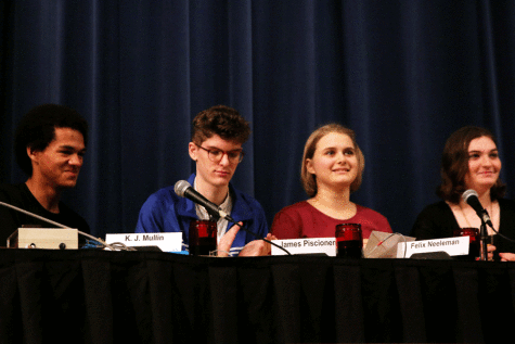 K.J. Mullin 17, James Piscionary 15, Felix Neeleman 15, and Hannah Martian 16 compete at a rigorous Hi-Q competition before making their appearance at the national competition. 