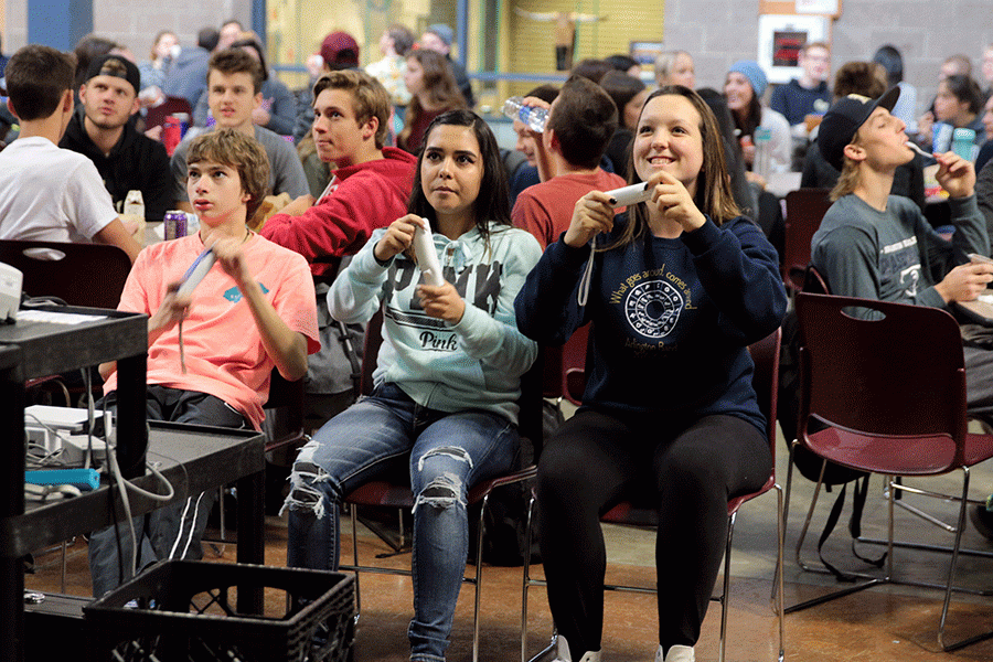 Students compete in a game of Mario Kart during lunch. 