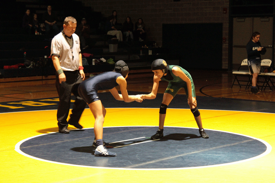 Senior Robin Hernandez shakes hands with a Lynden opponent after winning her match. 