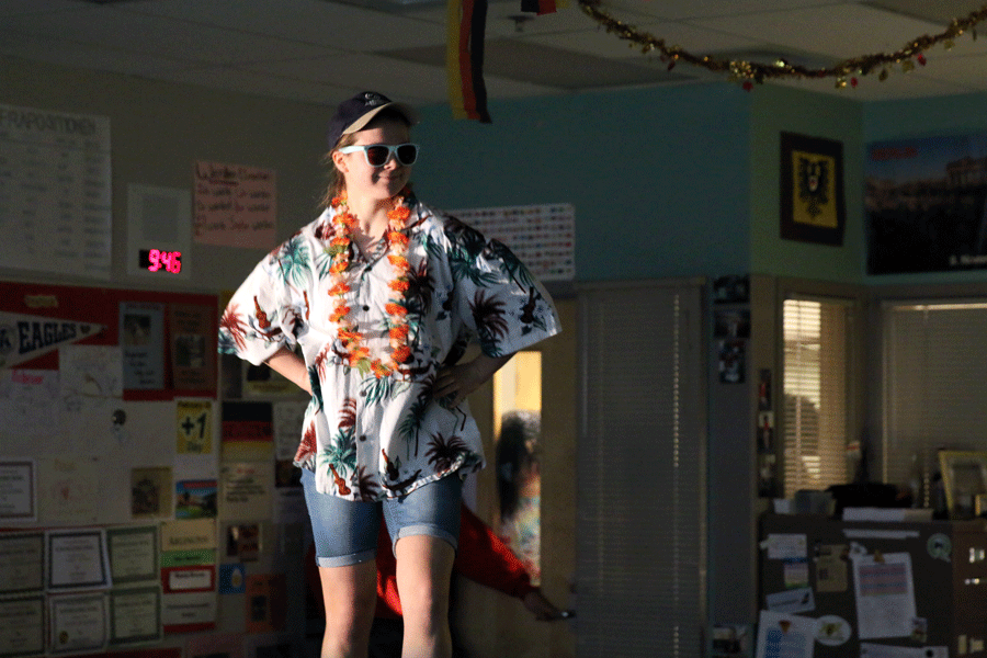Madison Schimpf ('17) takes a walk down the "runway" in the German class's fashion show. 