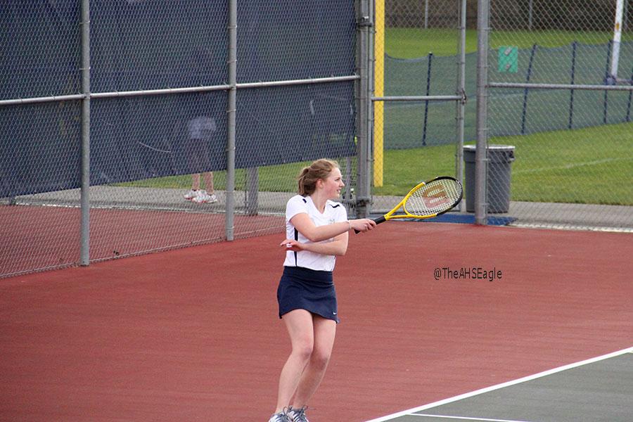 Alayna Miller ('17) returns the ball in a doubles match against Mountlake Terrace. 
