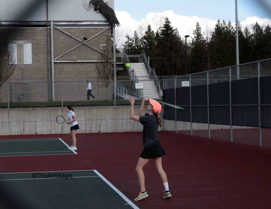 Lily Bynum (16) serves during a match against Meadowdale. 