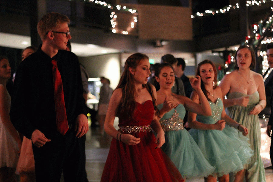 A group of sophomores dance to the song "Juju on the Beat" on October 22 at the homecoming dance.
