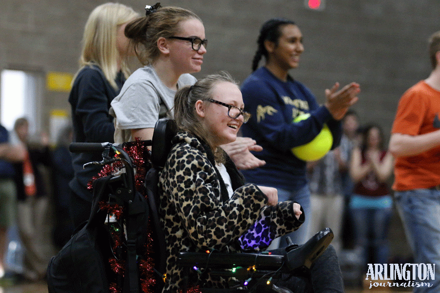 Anna Davis (19) wins the bowling battle in the Winter spirit assembly. 