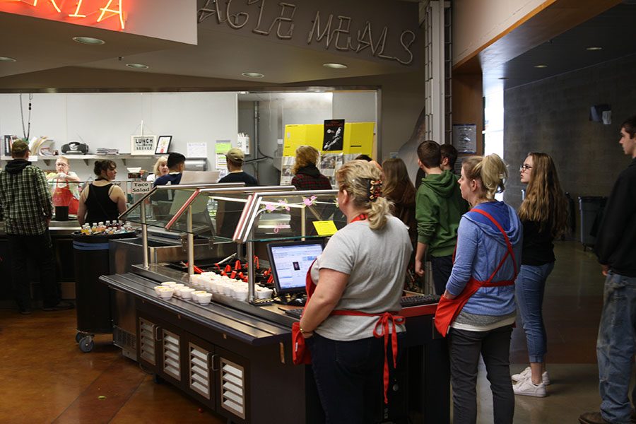 Students file in to get the Tuesday Taco meal. 