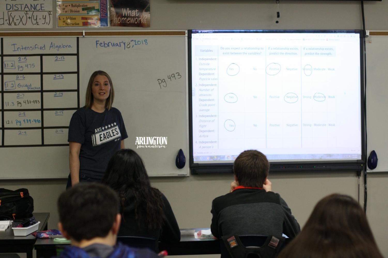Mrs. Beard stand in front of her algebra class and teaches the difference between dependent and independent variables.