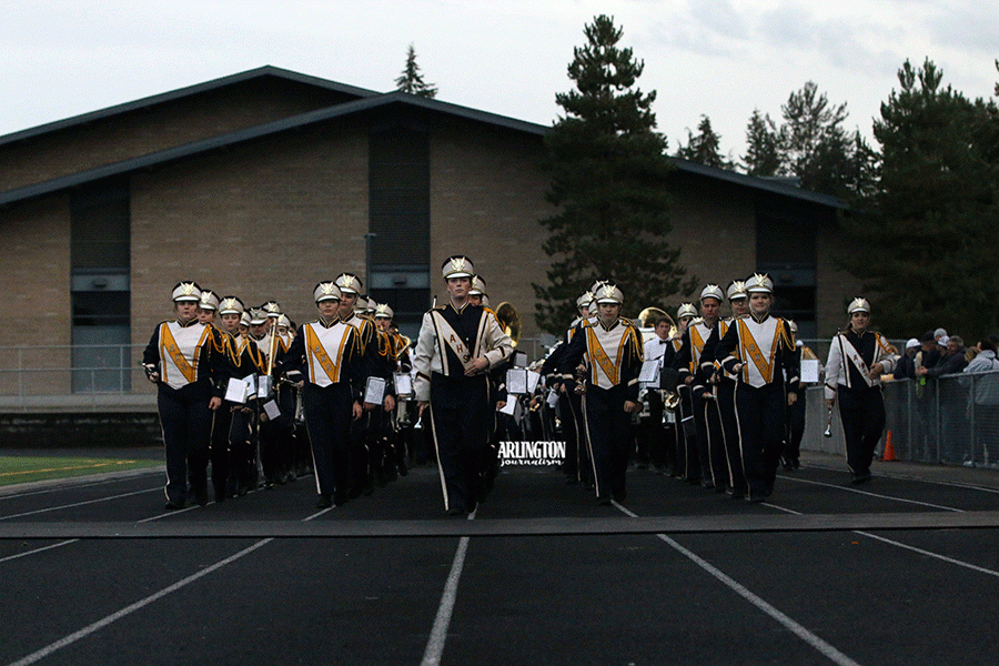 The+AHS+band+marches+around+the+track+before+they+play+the+Star+Spangled+Banner+at+the+Stilly+Cup+on+September+14%2C+2018.