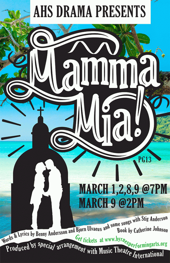 Poster for Mamma Mia, coming to the BPAC March 1, 2, 8, and 9.