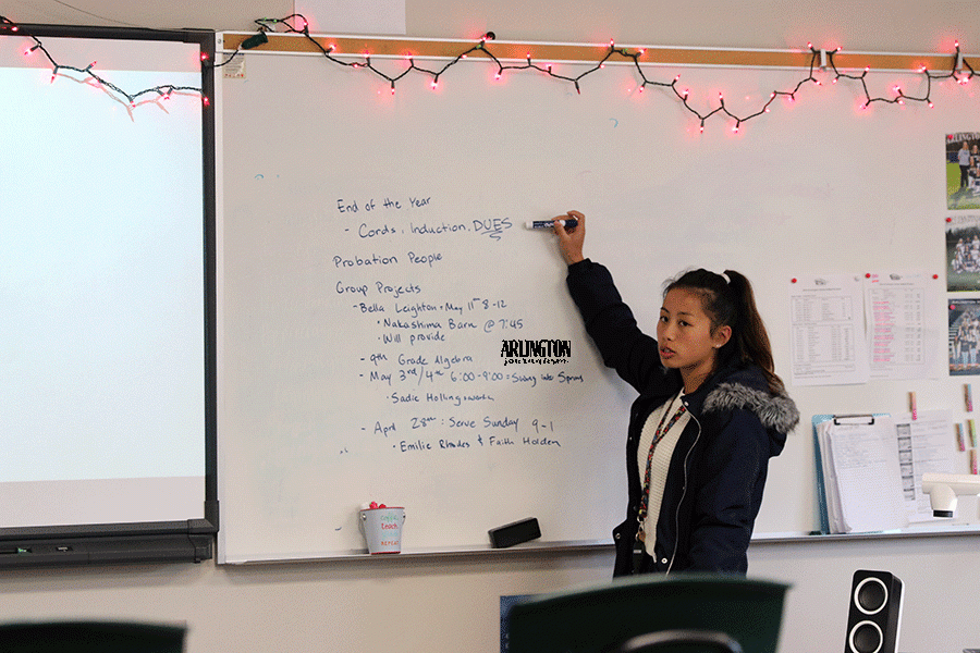 National Honor Society president, Allyson Roller (12), conducts a club meeting. Meetings are held every third Thursday of the month, before and after school.