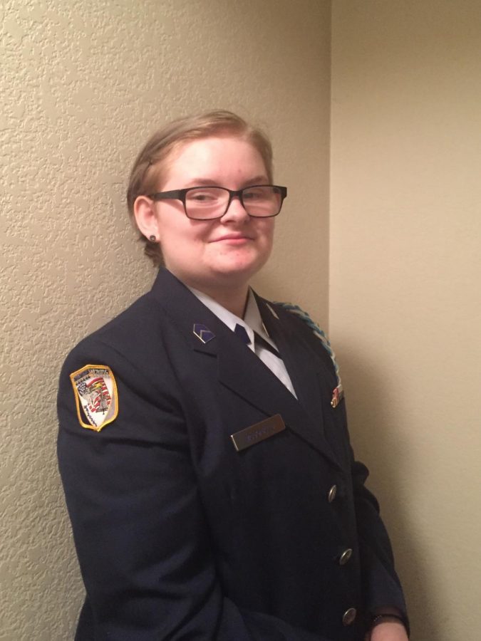 Sierra+McDonald%2C+Squadron+Deputy+Commander+of+AFJROTC%2C+is+preparing+to+record+her+part+of+the+middle+school+recruiting+video.
