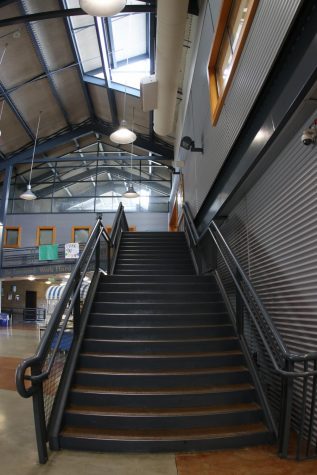 The stairs heading up to the Counseling Center and the B wing. 