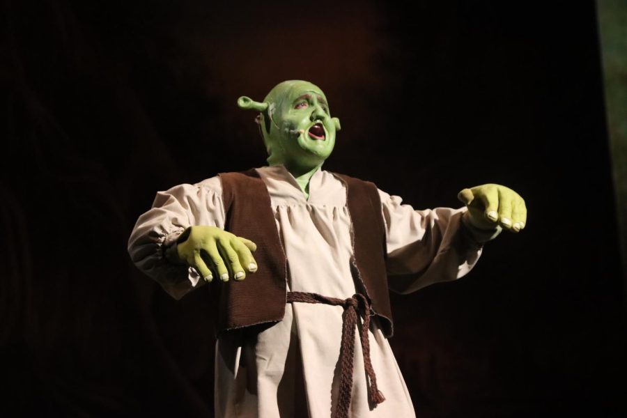 Will Litton is seen performing as Shrek in the Shrek the Musical play on Mar. 11, 2022. 