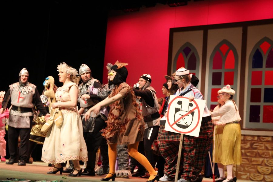 Students are seen performing in the Shrek the Musical play on Mar. 4, 2022. 