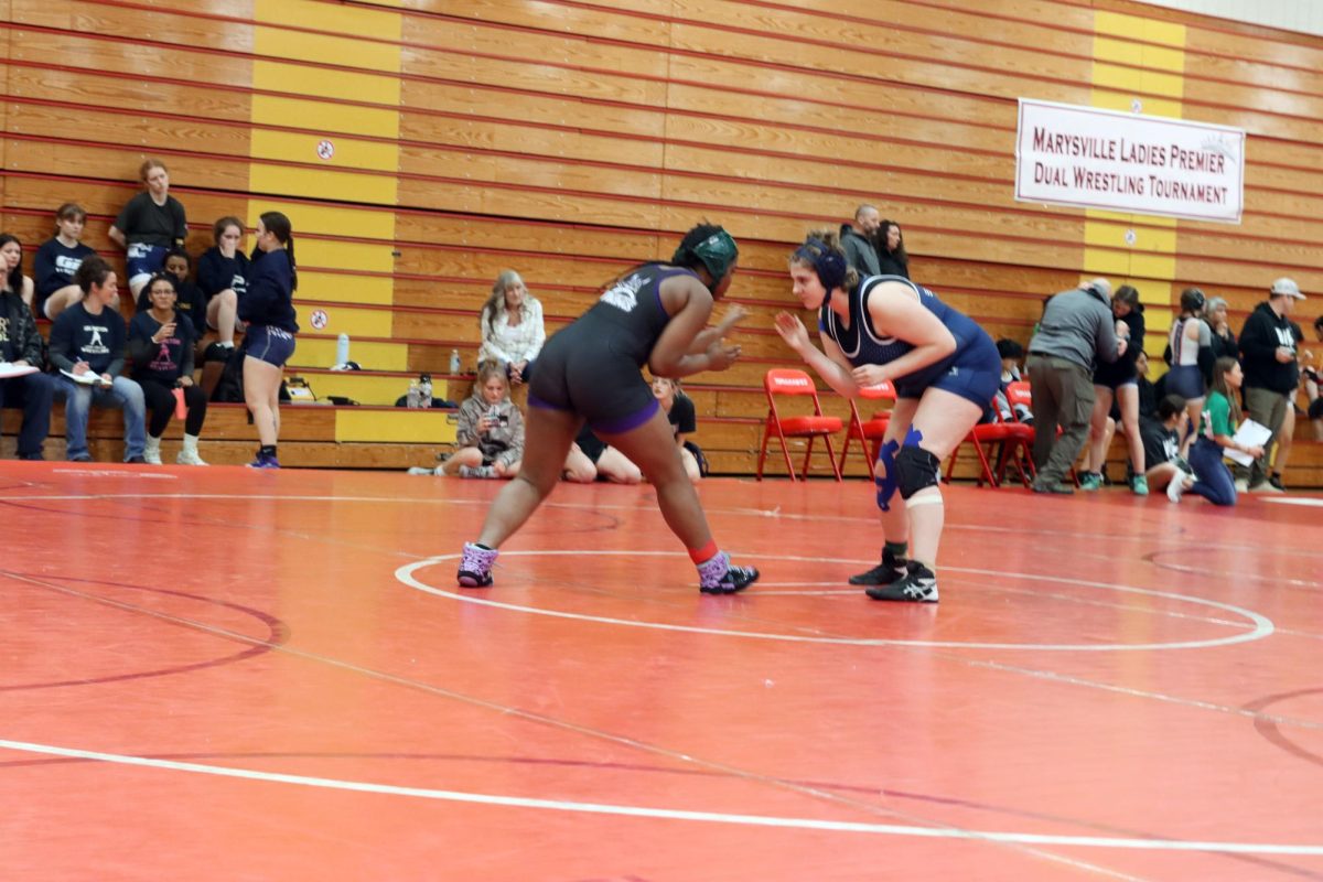 “I think this was my - fourth time wrestling this girl, - and this was my best match against her. I lasted the full time with her, - and I didn’t get my back to the mat at all - which is really good,” Katie Wheeler 235 (‘26) said. Wheeler competed at Marysville Pilchuck High School January 12.