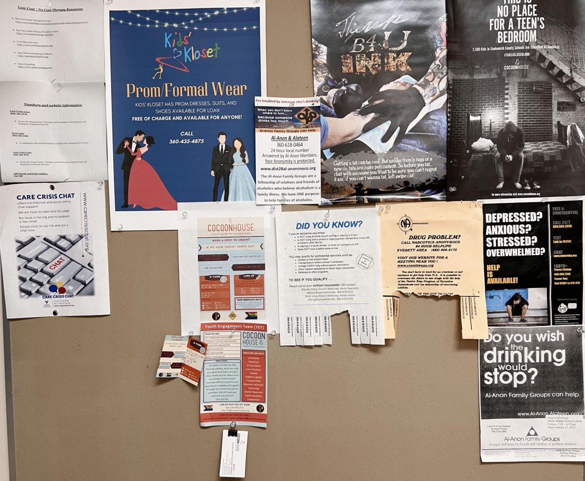 A bulletin board full of resources for students facing mental health and other struggles is in the counseling center. 