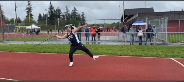 Bookie (Grant) Cramer (24) was throwing javelin and was able to get first place out of 23 people by throwing 143 0.