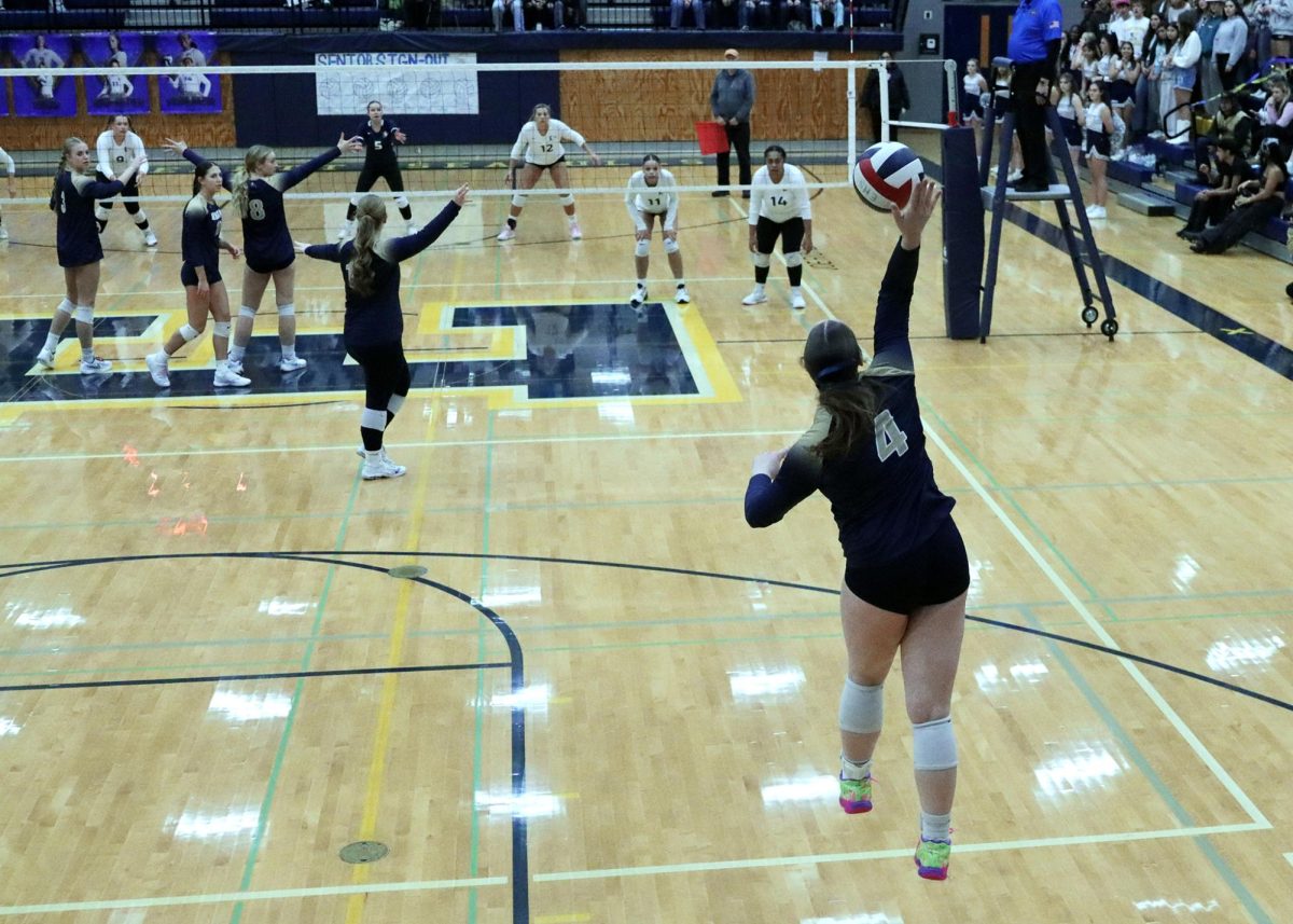 Senior Melissa Hadley serves at a home match on November 4. 