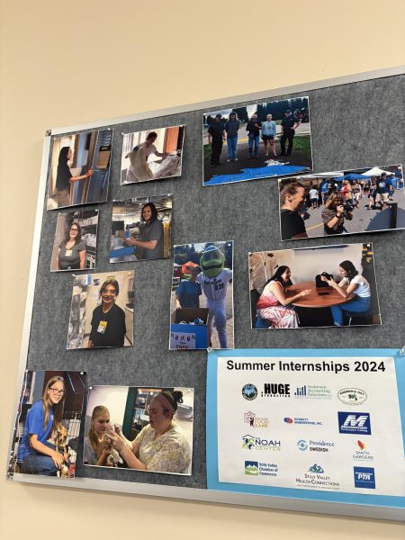 Photos of students active in their summer internships. This board is on the wall of Rodino's Office. 