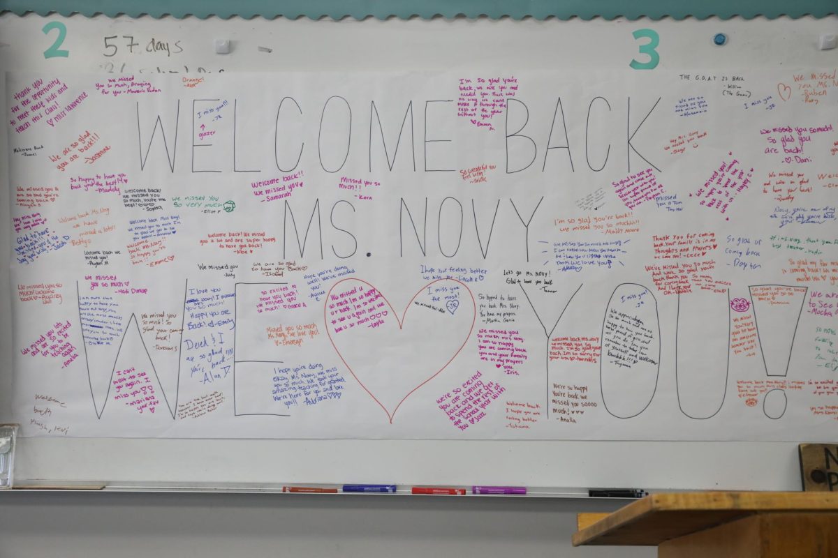 A student signed Welcome Back poster for when Ms Novy returns.