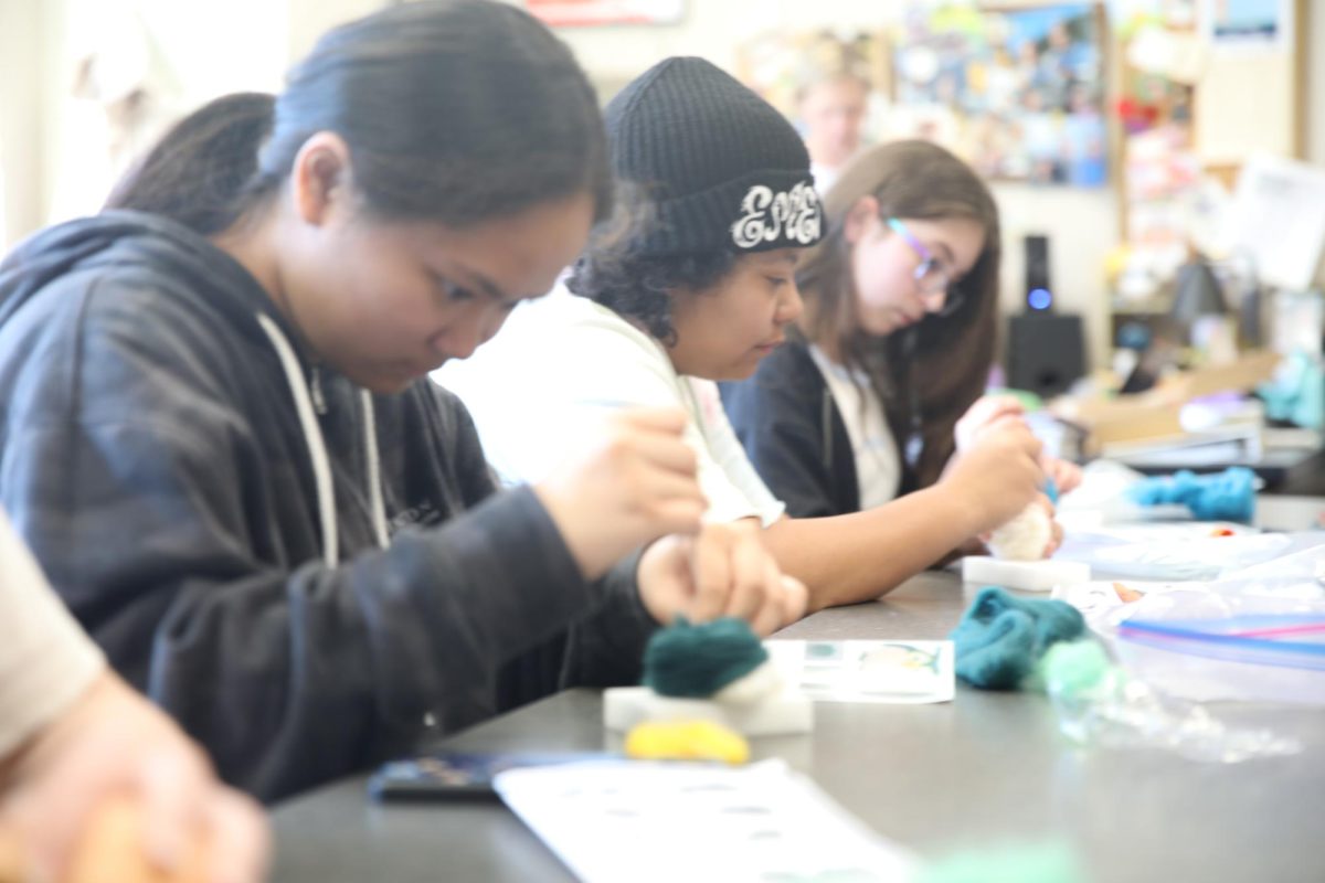 Students in the Crafty Arts Club practice felting in Ms Copenhaver's room after school.