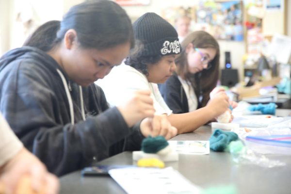 Students in the Crafty Arts Club practice felting in Ms Copenhaver's room after school.