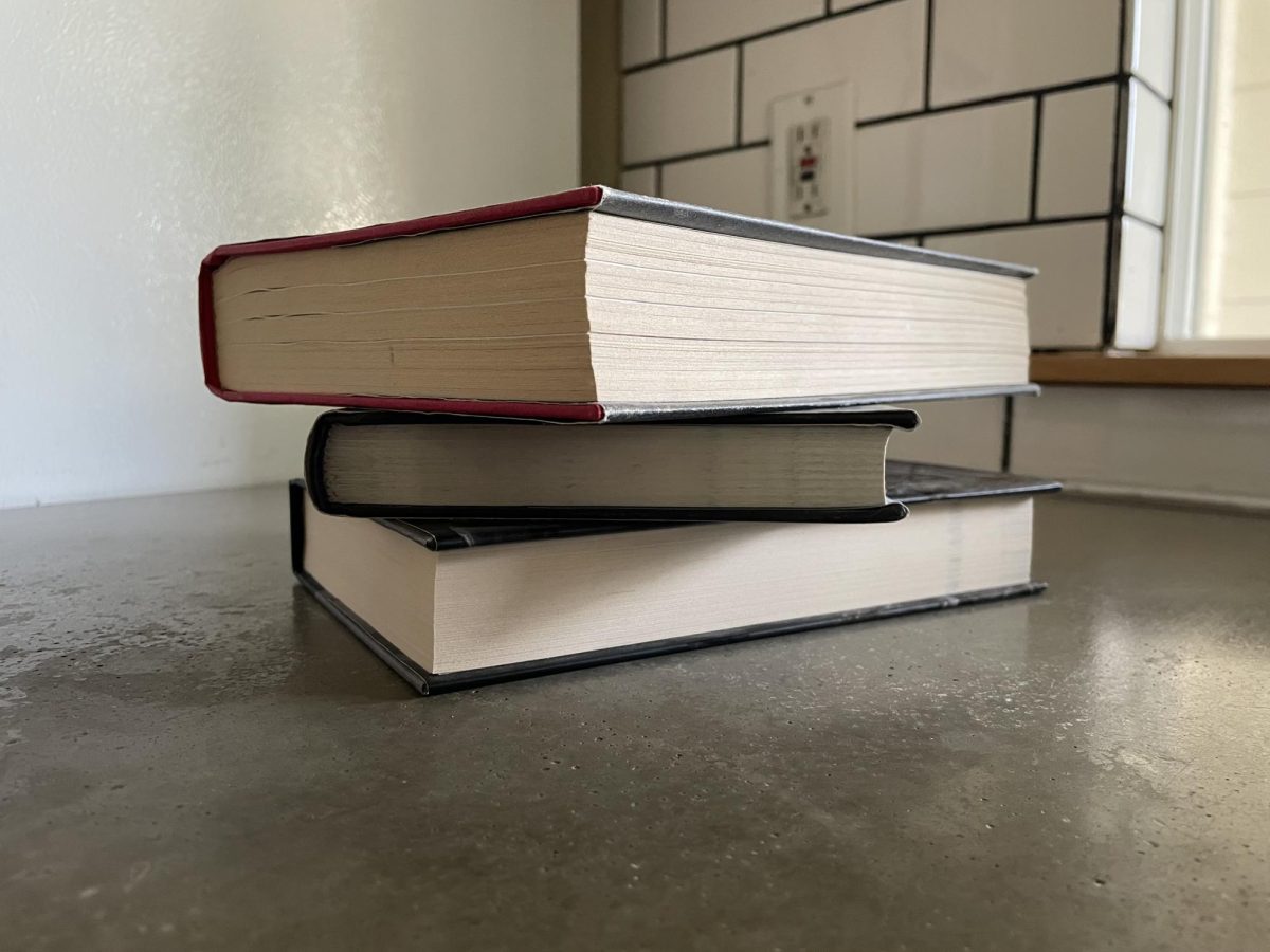A stack of crooked books