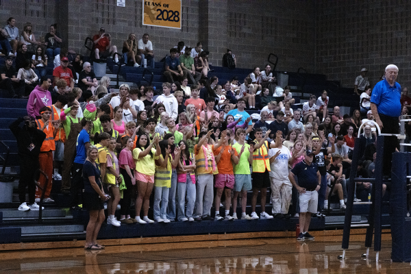 The AHS student section supporting the volleyball team on September 16, 2025. The theme was neon out. 