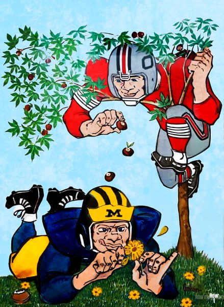 Illustration of an Ohio State football player dropping Buckeyes on a rival Michigan football player on the ground