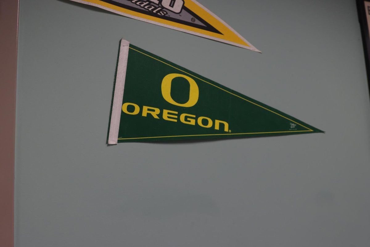A University of Oregon Pennant flag in Mrs. Hayman's classroom 