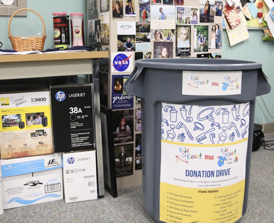 The Kids Kloset donation bin located in Hatfield's room, C-203. 