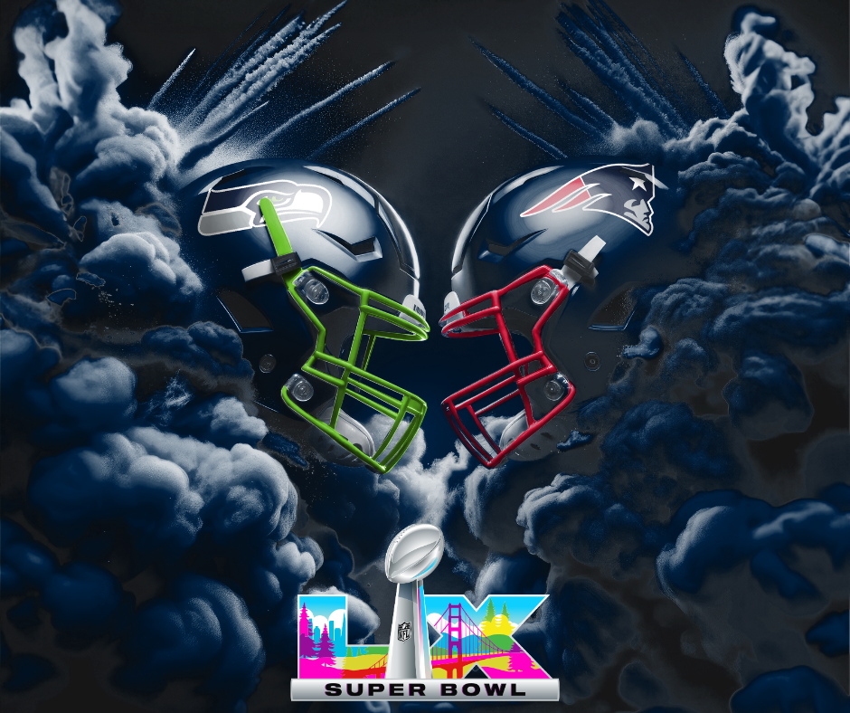 A Graphic of the Seattle Seahawks helmet and the New England Patriots helmet