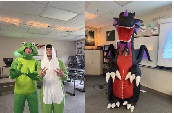 The two photos were captured by Stevie Costello. The two students were posing while trying on their costume for the lip dub. 