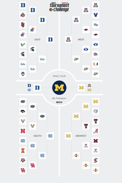 Picture captured  Aunna Felchlin bracket. The strategy she used was to pick some upsets but also go by the team rankings.