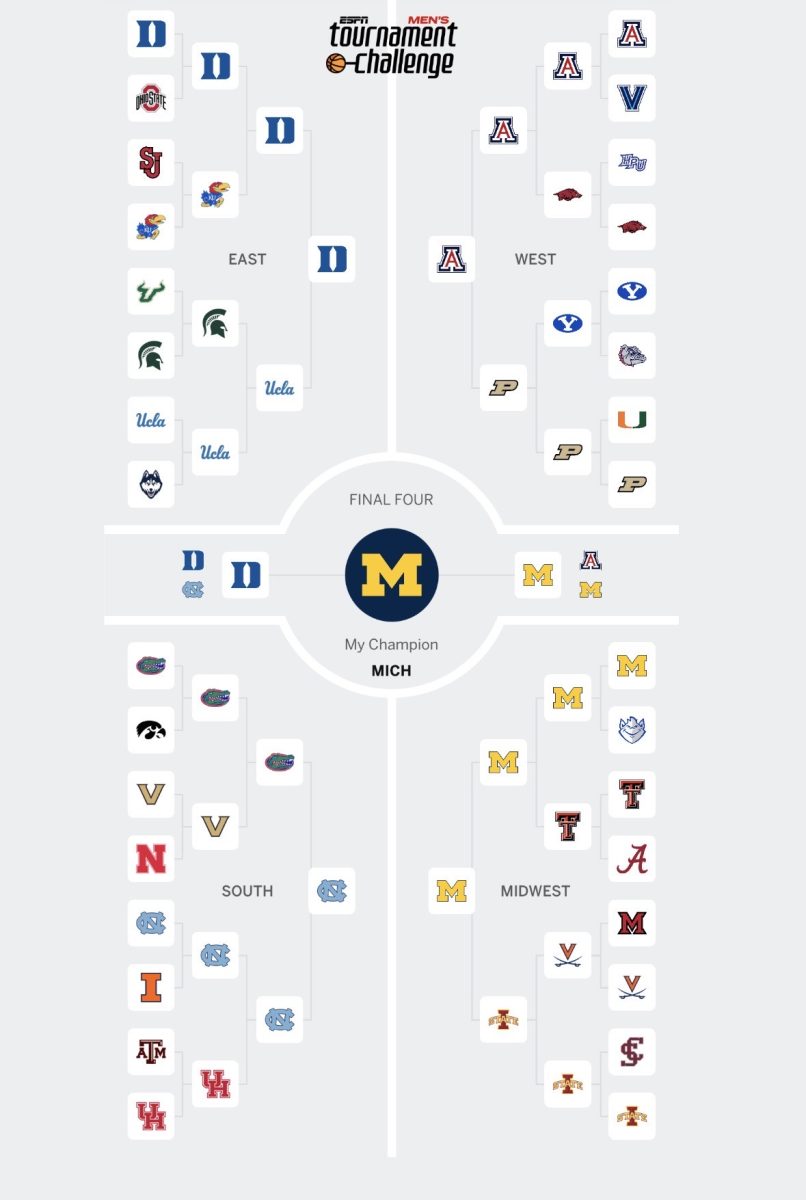 Picture captured  Aunna Felchlin bracket. The strategy she used was to pick some upsets but also go by the team rankings.