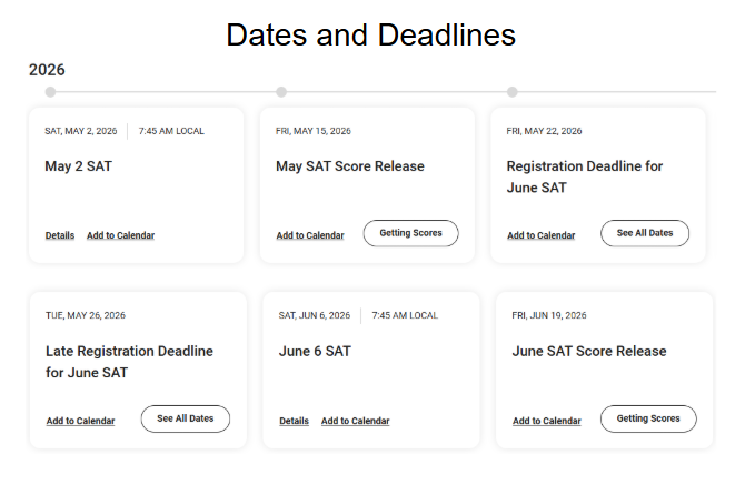 Custom calendar showing the dates and deadlines for the SAT's 